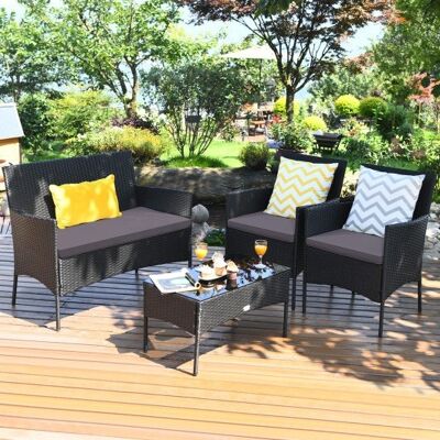 4 Stück Terrasse Rattan gepolstertes Sofa mit temperiertem Glas Couchtisch-Grau & Off White