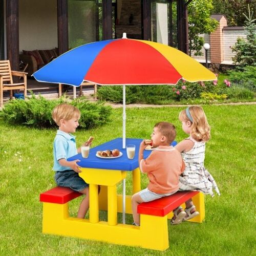 Kinderpicknickklapptisch und Bank mit Regenschirm-gelb