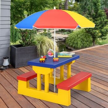 Table pliante de pique-nique pour enfants et banc avec parapluie-jaune 2