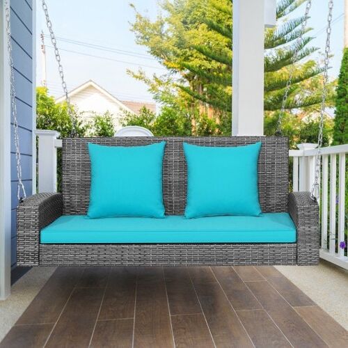 2-Personen-Terrasse Pe Wicker Hängende Veranda Swing Bench Stuhl Kissen 800 Pfund-Turquoise