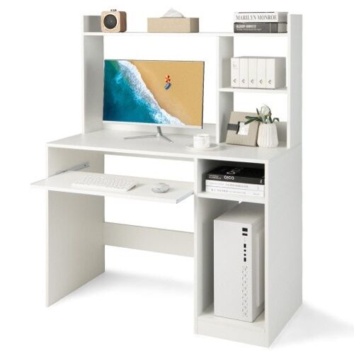 Home Office Computer Schreibtisch mit Bücherregal-Tastatur-Tablett und CPU-Stand-Weiß