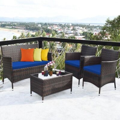 4 Stücke Rattan-Sofa-Set mit Glas Tisch und bequemes Korb für Außen-Terrassen-Navy