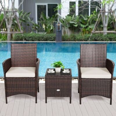 3 Stücke Terrasse Rattan Möbel Set gepolstertes Sofa und Glasschildtischdeck-White