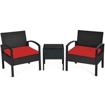 Conversation de patio en rotin extérieur à 3 sections avec coussin de siège-rouge 1