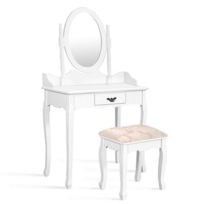 Holz -Waschtisch -Make -up -Set mit gepolstertem Stuhl und ovalem rotierenden Spiegel