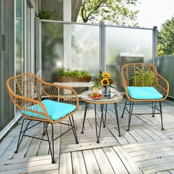 Meuble 3 pièces en rotin avec table chaise rembourrée - Turquoise 1