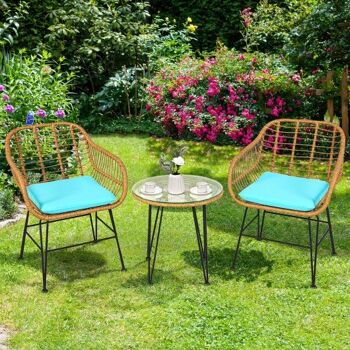 Meuble 3 pièces en rotin avec table chaise rembourrée - Turquoise 2