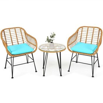 Meuble 3 pièces en rotin avec table chaise rembourrée - Turquoise 3