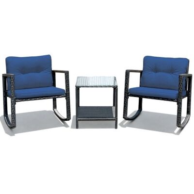 3 PCs Patio Rattan Set Schaukelstuhl gepolsterte Sofa Gartenmöbel-Navy