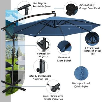 10ft 360° Rotation Solaire LED Patio Offset Parapluie-Bleu 3