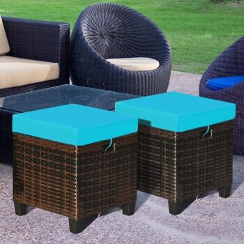 2 pcs Patio Rotin Pouf Siège Rembourré Turquoise 2