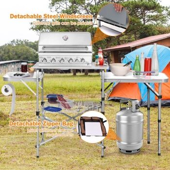 Table de barbecue pliable d'extérieur avec sac pare-brise gris 1