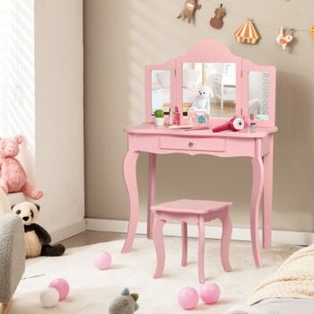 Ensemble de tabourets de coiffeuse avec miroir de maquillage pour enfants-rose 1