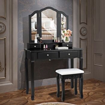 Outil de vanité miroir à 4 tiroirs avec chaise rembourrée noir 1