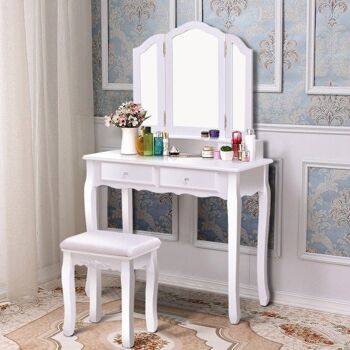 Tabouret de vanité miroir à 4 tiroirs avec chaise rembourrée blanc 1