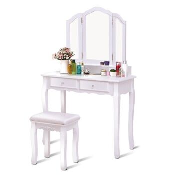 Tabouret de vanité miroir à 4 tiroirs avec chaise rembourrée blanc 3