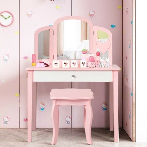 Kinderprinzessin Make-up-Schminktisch mit dreifacher Spiegel und Stuhlrosa