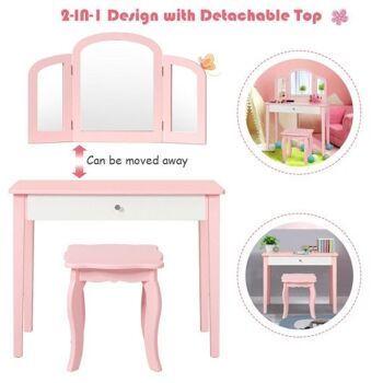 Vanité de maquillage de princesse pour enfants avec triple miroir et chaise rose 2