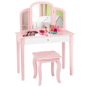 Vanité de maquillage de princesse pour enfants avec triple miroir et chaise rose 3