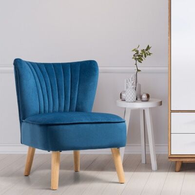 Moderner armloser Samtakzent-Stuhl mit Holzbeinen-blau