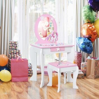 Coiffeuse et chaise de maquillage en bois pour enfants avec miroir et tiroirs - Blanc 1