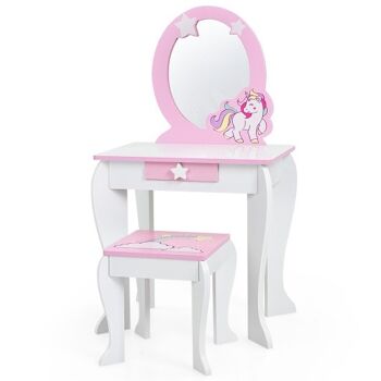 Coiffeuse et chaise de maquillage en bois pour enfants avec miroir et tiroirs - Blanc 3