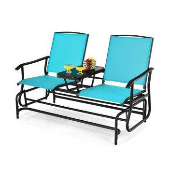 Causeuse berçante double 2 personnes avec tissu maillé et table centrée verre turquoise 3