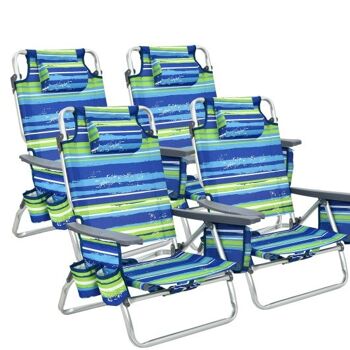 Lot de 4 chaises de plage à dos d'extérieur à 5 positions avec coussin bleu 1