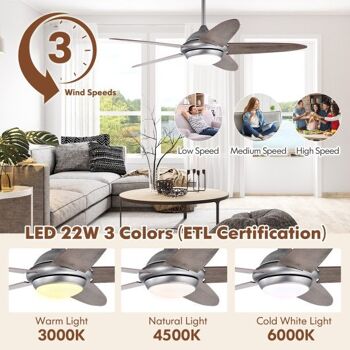 Ventilateur de plafond de 52 pouces avec lumières et 3 lumières de couleur gris argent 3