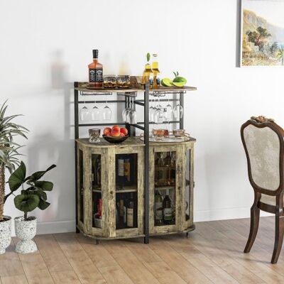 Industrial Corner Bar-Schrank mit Glashalter und verstellbares Regal-Rustic Braun