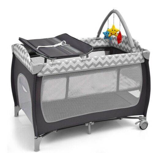 3-in-1 tragbares Baby Playard mit Reißverschluss Tür und Toy Bar-Grau