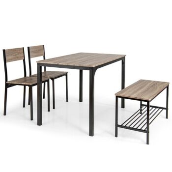 Table à manger rustique 4 pièces avec 2 chaises et banc gris 3
