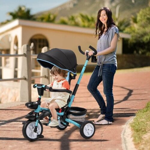 6-in-1 abnehmbare Kinder Kinderwagen Dreirad mit Baldachin und Sicherheitsgurtblau