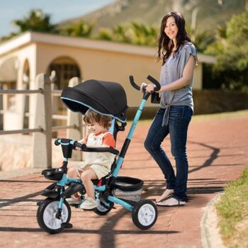 Tricycle de poussette amovible 6 en 1 pour enfants avec auvent et ceinture de sécurité Bleu 1