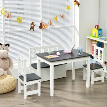 Table d'activités et chaises en bois pour enfants 4 pièces avec banc de rangement et bureau d'apprentissage - Gris 1