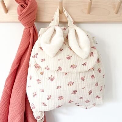 Children's backpack rabbit ears double gauze pink