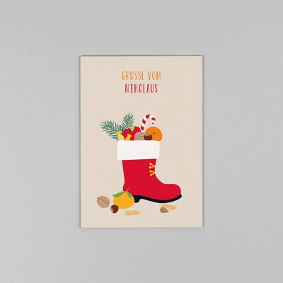 Carte postale en carton pulpe de bois Walter Santa Claus boots