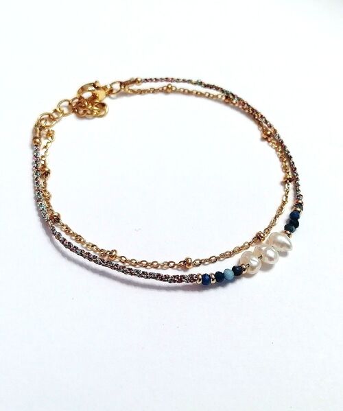 Bracelet double rang en acier inoxydable doré avec perles en Lapis-lazuli, perles d'eau douce et Lurex rose et bleu