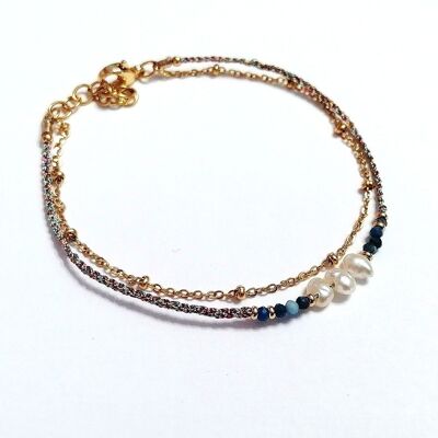 Bracciale a doppia fila in acciaio inossidabile dorato con perle di lapislazzuli, perle d'acqua dolce e Lurex rosa e blu
