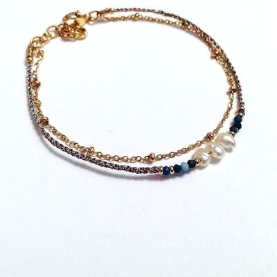 Double row bracelet in gold stainless steel with Lapis lazuli beads, freshwater pearls and pink and blue Lurex