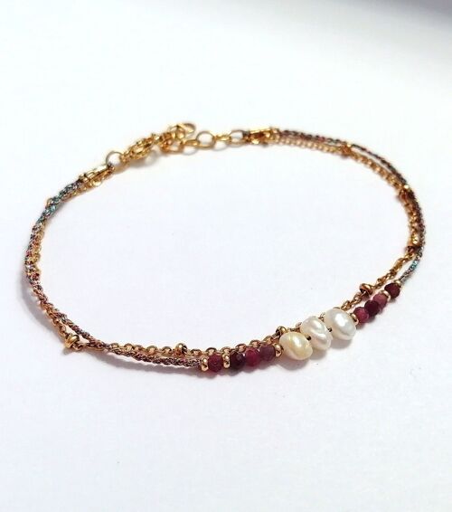Bracelet double rang en acier inoxydable doré avec perles en Tourmaline rose et perles d'eau douce