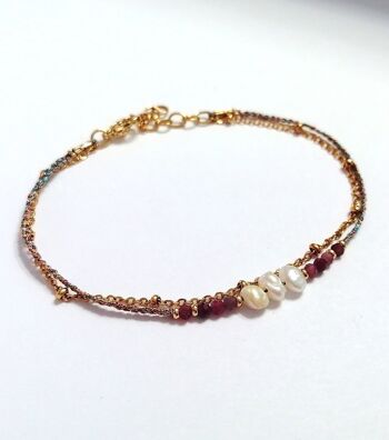 Bracelet double rang en acier inoxydable doré avec perles en Tourmaline rose et perles d'eau douce 1