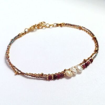Double row bracelet in gold stainless steel with pink Tourmaline beads and freshwater pearls