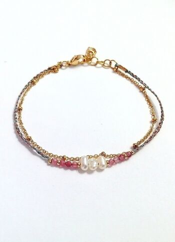 Bracelet double rang en acier inoxydable doré avec perles en Tourmaline rose et perles d'eau douce 2