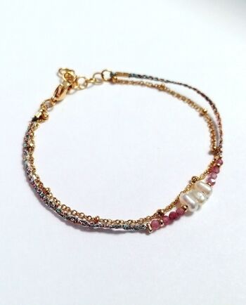 Bracelet double rang en acier inoxydable doré avec perles en Tourmaline rose et perles d'eau douce 3