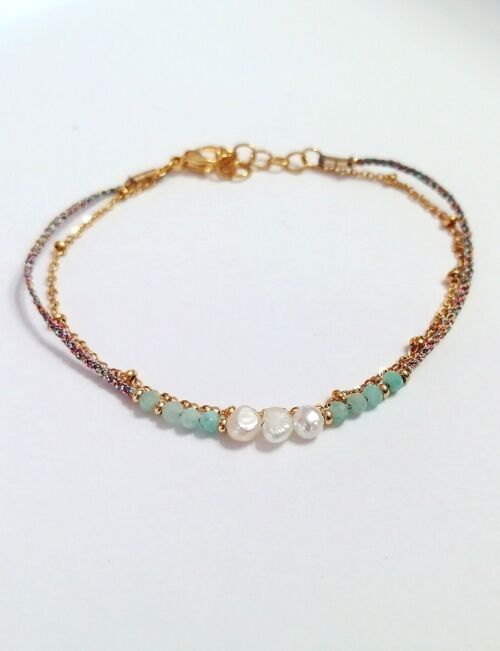 Bracelet Double Rang en Acier Inoxydable Doré avec Perles en Amazonite et Perles d'Eau Douce