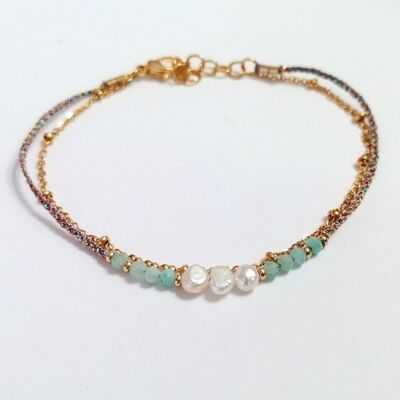 Pulsera de Doble Hilera en Acero Dorado con Cuentas de Amazonita y Perlas de Agua Dulce