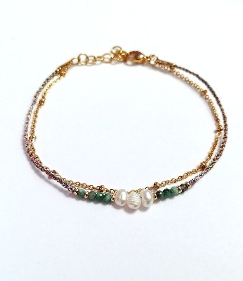 Bracelet Double Rang en Acier Inoxydable Doré avec Perles en Turquoise Africaine et Perles d'Eau Douce