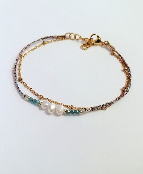 Bracelet Double Rang en Acier Inoxydable Doré avec Perles en Apatite Naturelle et Perles d'Eau Douce