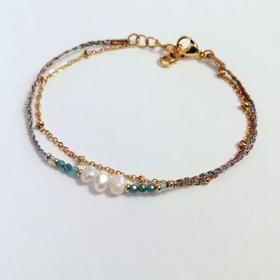 Double Row Bracelet in Golden Stainless Steel with Natural Apatite Beads and Freshwater Pearls